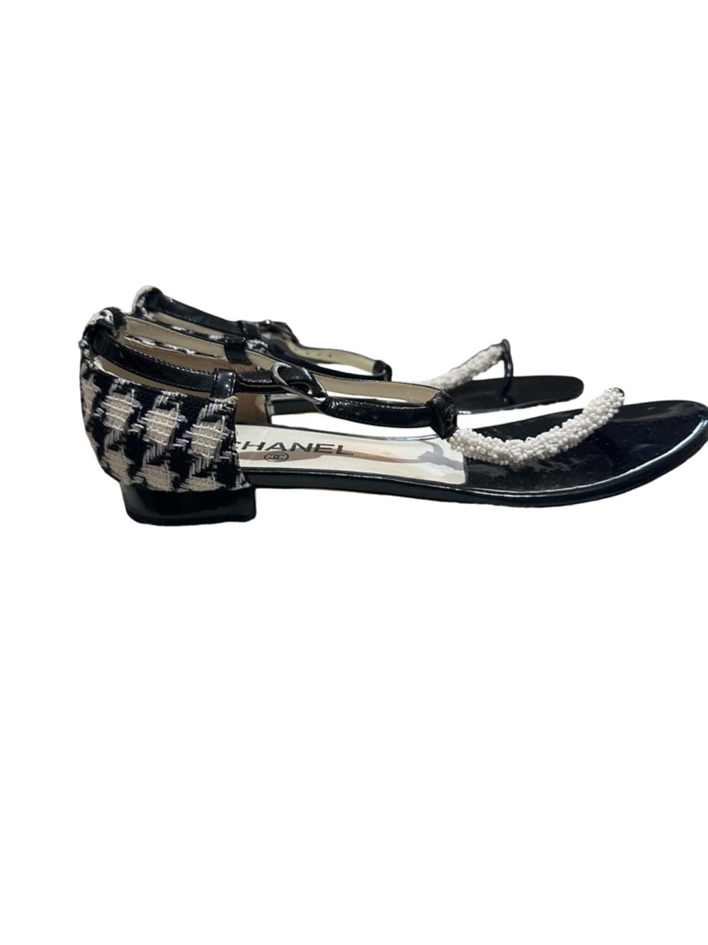 Chanel Beaded T-Strap Sandals Size 39.5C Black White Tweed Patent - Picture 2 of 12
